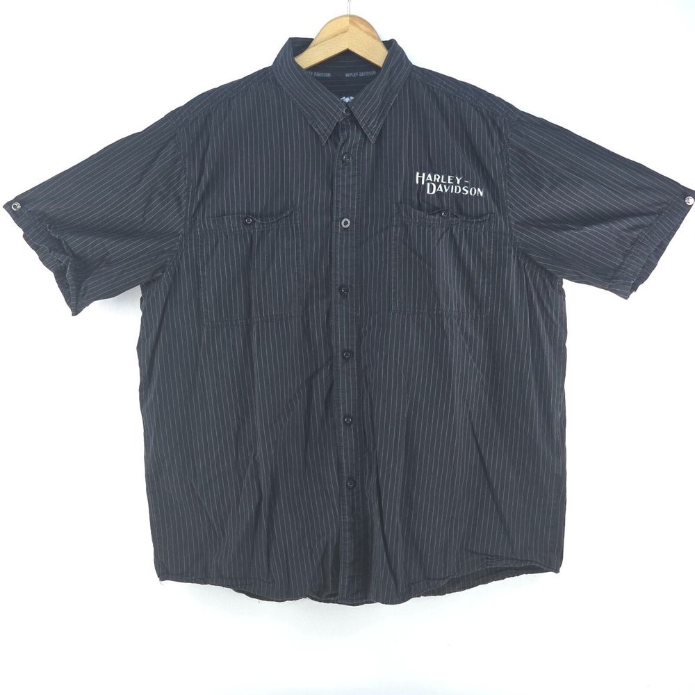 Vintage Harley Davidson Black Pinstripe Button Front Shirt Mens XL Garage Grunge